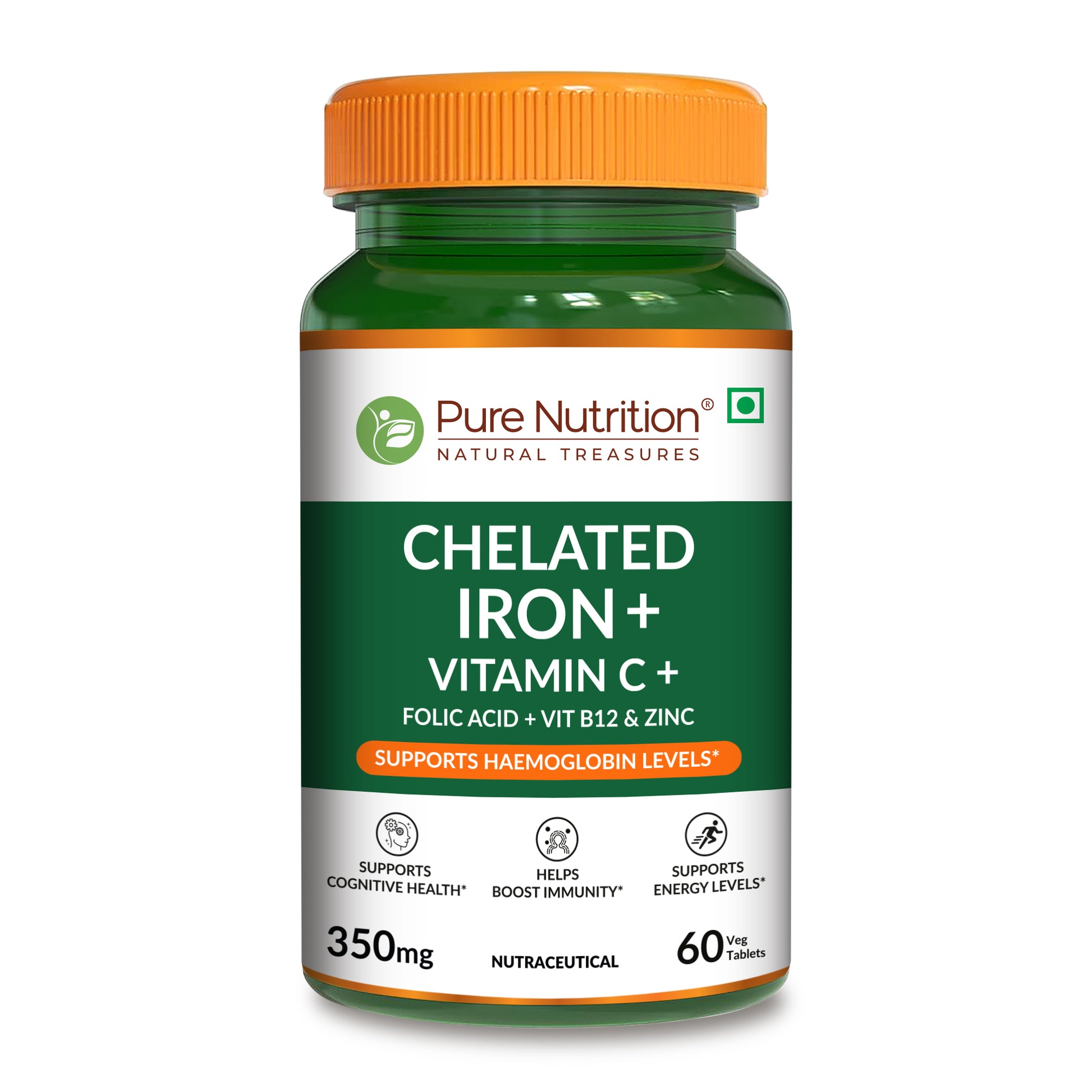 Front view of Pure Nutrition Chelated Iron with Vitamin C, Folic Acid, Vitamin B12, and Zinc, formulated to support healthy haemoglobin levels and daily nutritional needs.
