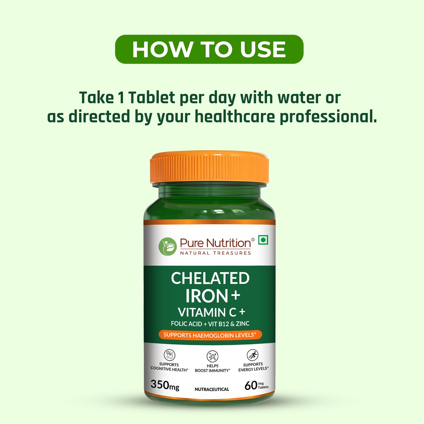 Usage guide recommending one Pure Nutrition Chelated Iron tablet daily with water or as directed by a healthcare professional.

