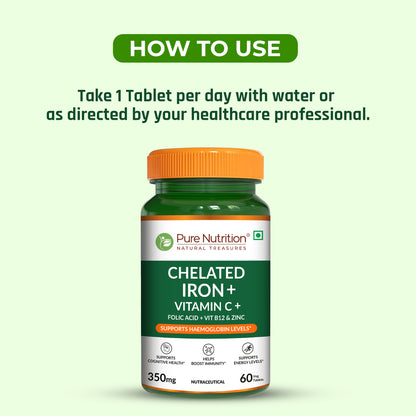 Usage guide recommending one Pure Nutrition Chelated Iron tablet daily with water or as directed by a healthcare professional.
