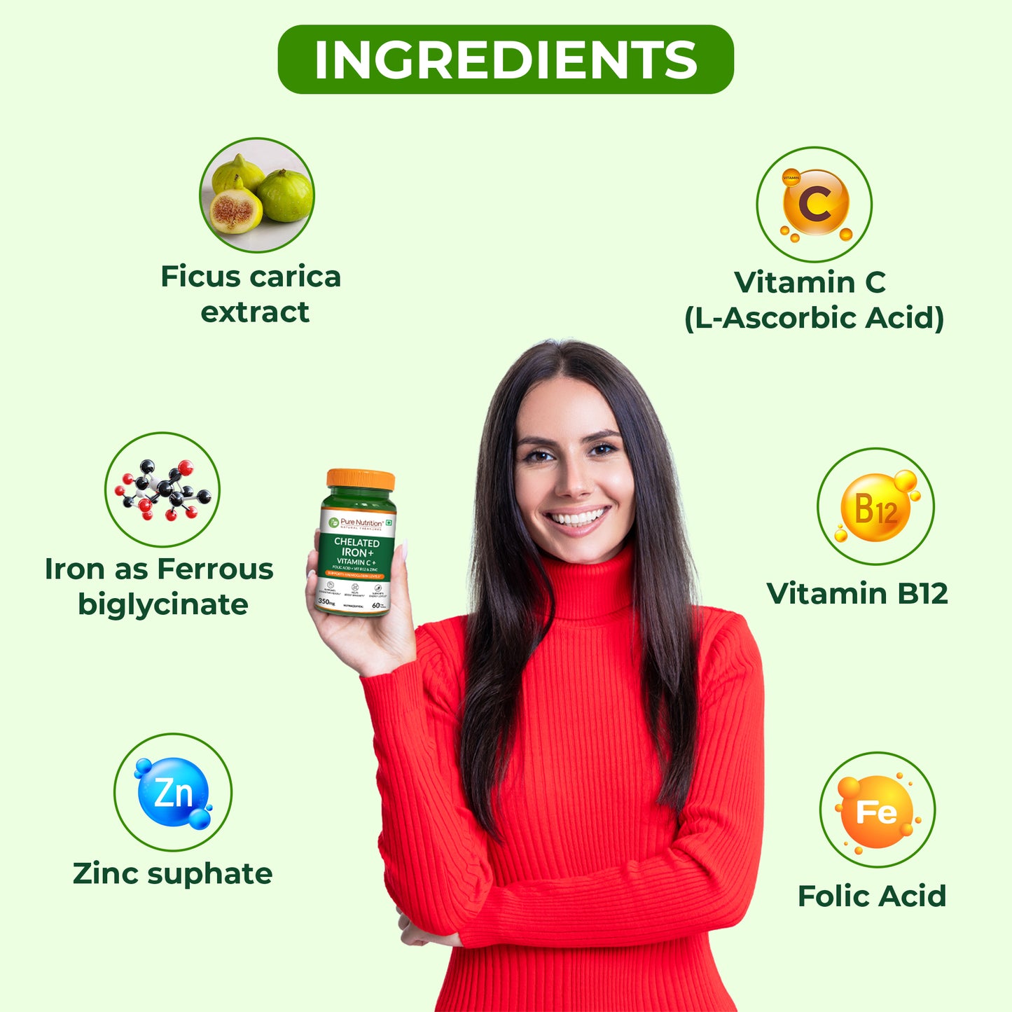 Ingredient overview featuring chelated iron, Vitamin C, Vitamin B12, folic acid, zinc, and Ficus carica extract used in Pure Nutrition Chelated Iron.
