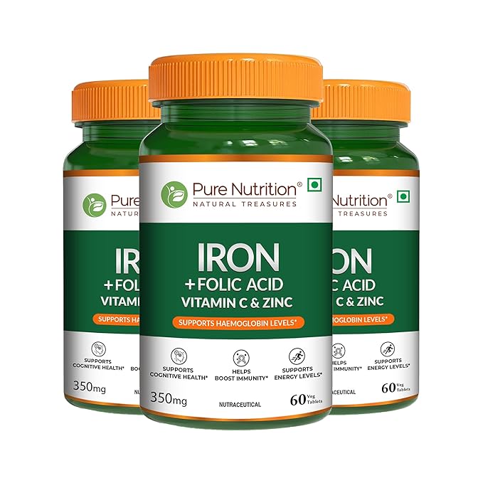 Three bottles of Pure Nutrition Iron + Folic Acid with Vitamin C and Zinc displayed together as a value pack, formulated to support healthy haemoglobin levels, red blood cell production, energy, and daily nutritional needs.