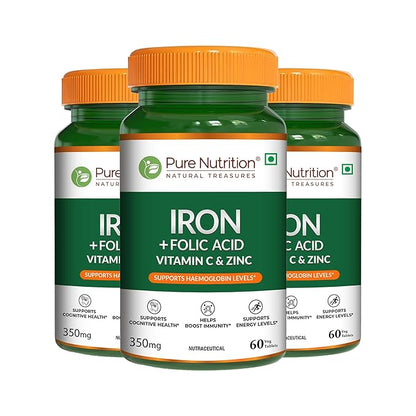 Three bottles of Pure Nutrition Iron + Folic Acid with Vitamin C and Zinc displayed together as a value pack, formulated to support healthy haemoglobin levels, red blood cell production, energy, and daily nutritional needs.