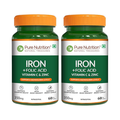Three bottles of Pure Nutrition Chelated Iron with Vitamin C, Folic Acid, Vitamin B12, and Zinc displayed together as a multi-pack option.