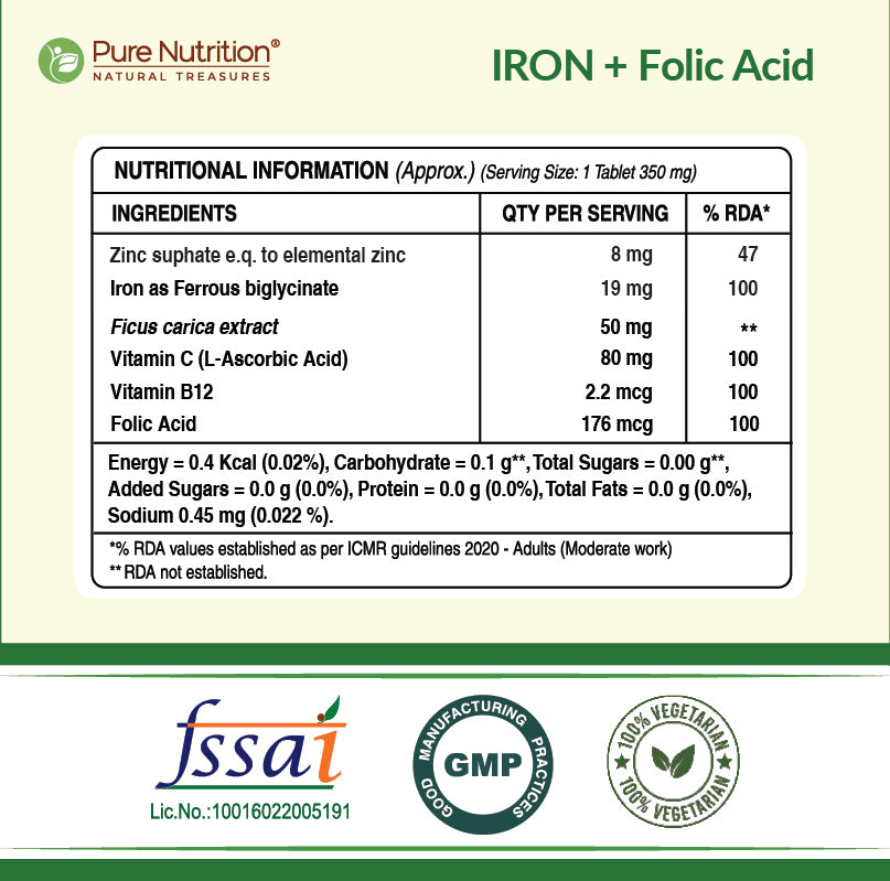 Supplement facts panel displaying the nutritional information, ingredient composition, and quality certifications for Pure Nutrition Chelated Iron tablets.
