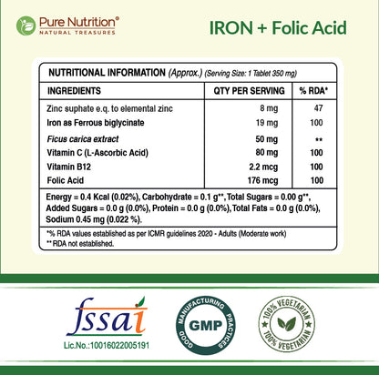Supplement facts panel displaying the nutritional information, ingredient composition, and quality certifications for Pure Nutrition Chelated Iron tablets.
