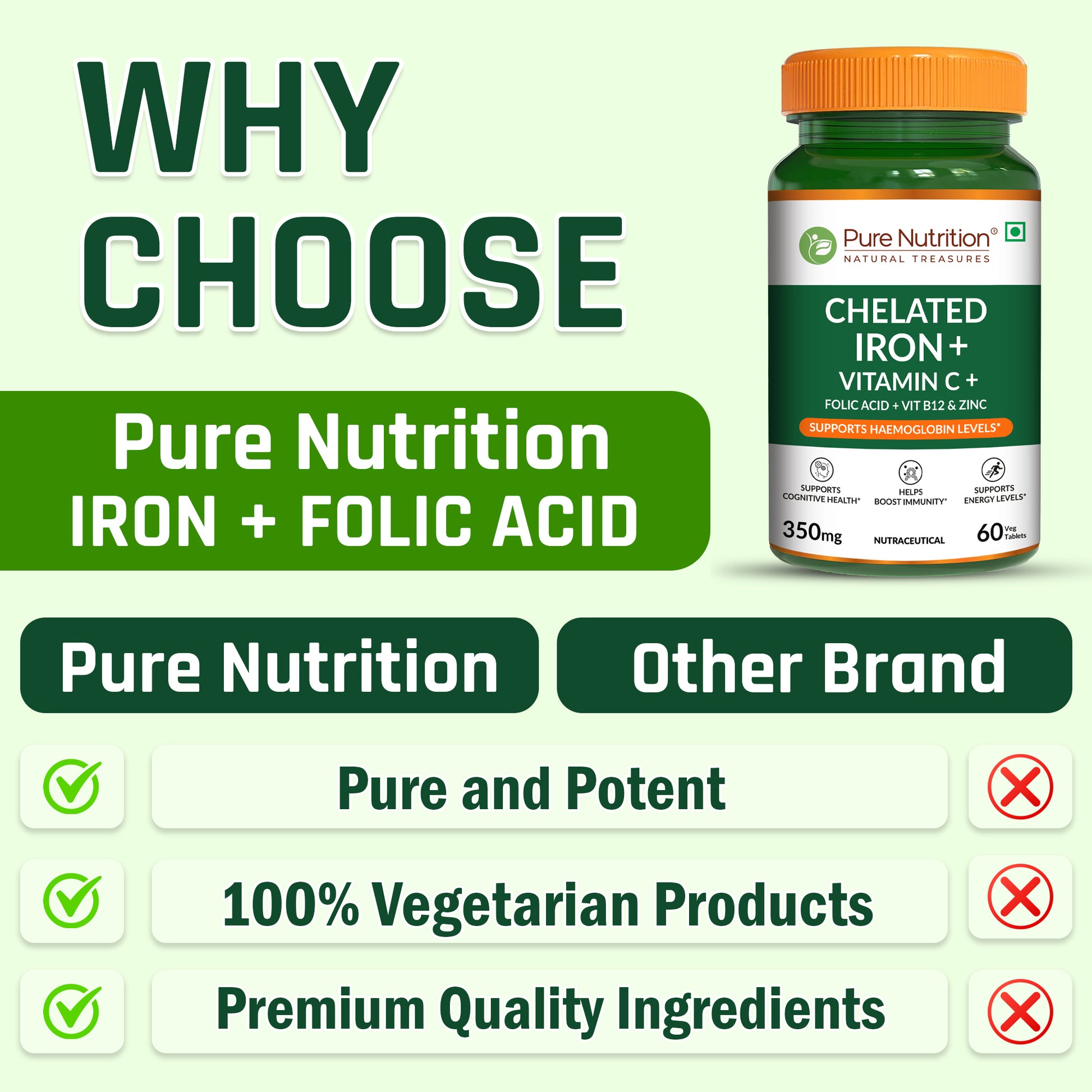 Comparison graphic highlighting the quality of Pure Nutrition Chelated Iron, including vegetarian formulation, premium ingredients, and purity standards.
