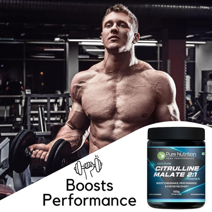 Muscular man lifting a dumbbell with Citrulline Malate powder graphic