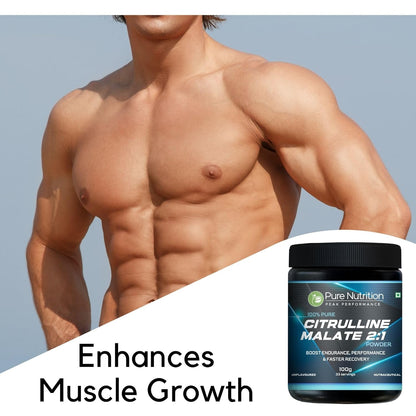 Athletic torso with Pure Nutrition Citrulline Malate tub showcasing muscle growth benefits.