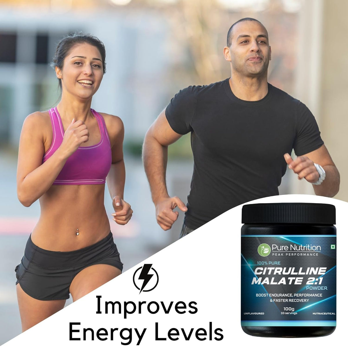 Man and woman jogging outdoors with Citrulline Malate powder overlay