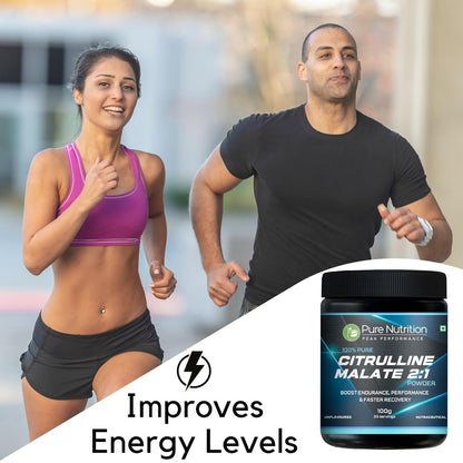 Man and woman jogging outdoors with Citrulline Malate powder overlay