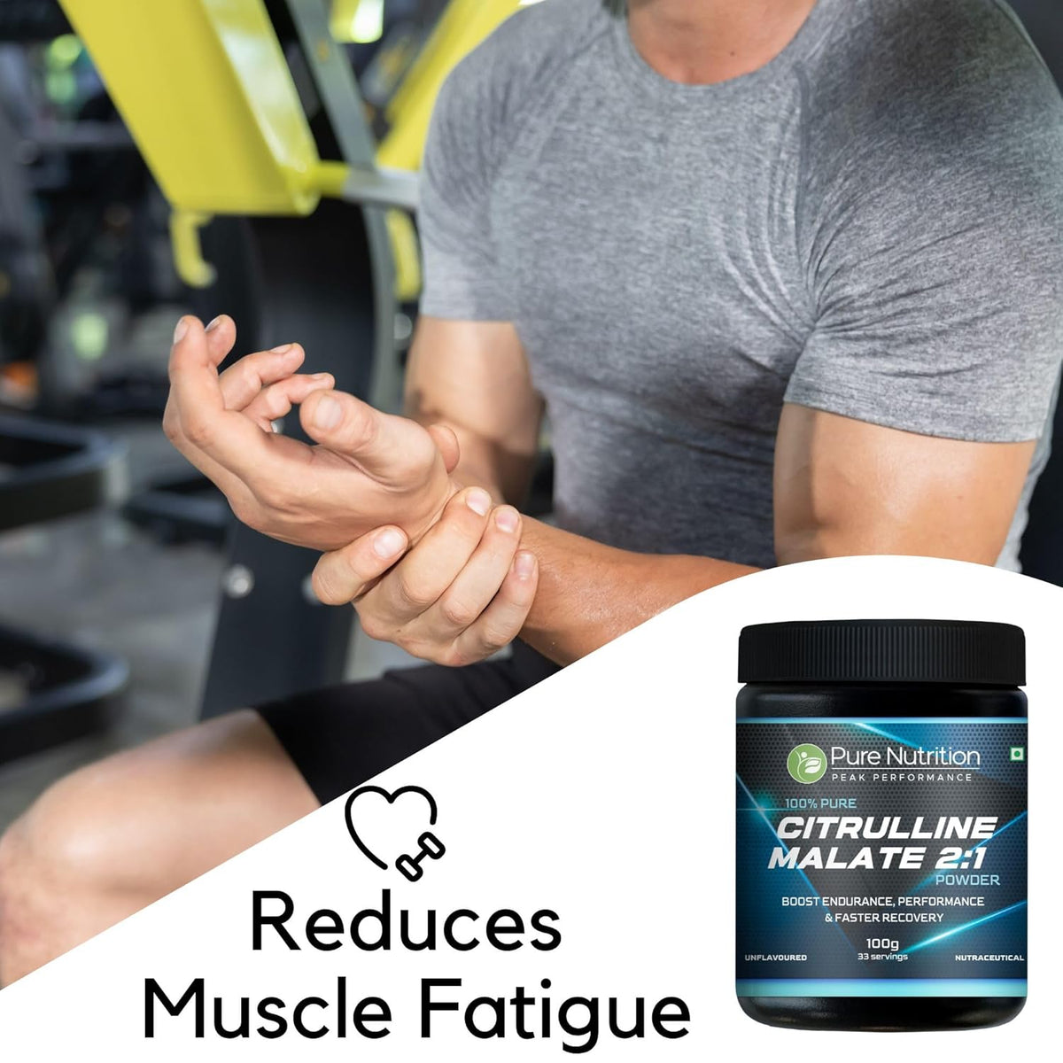 Man holding his wrist after workout next to Citrulline Malate powder