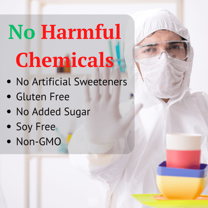 Graphic highlighting a clean plant-based protein formula with no artificial sweeteners, gluten, added sugar, soy, or GMOs.