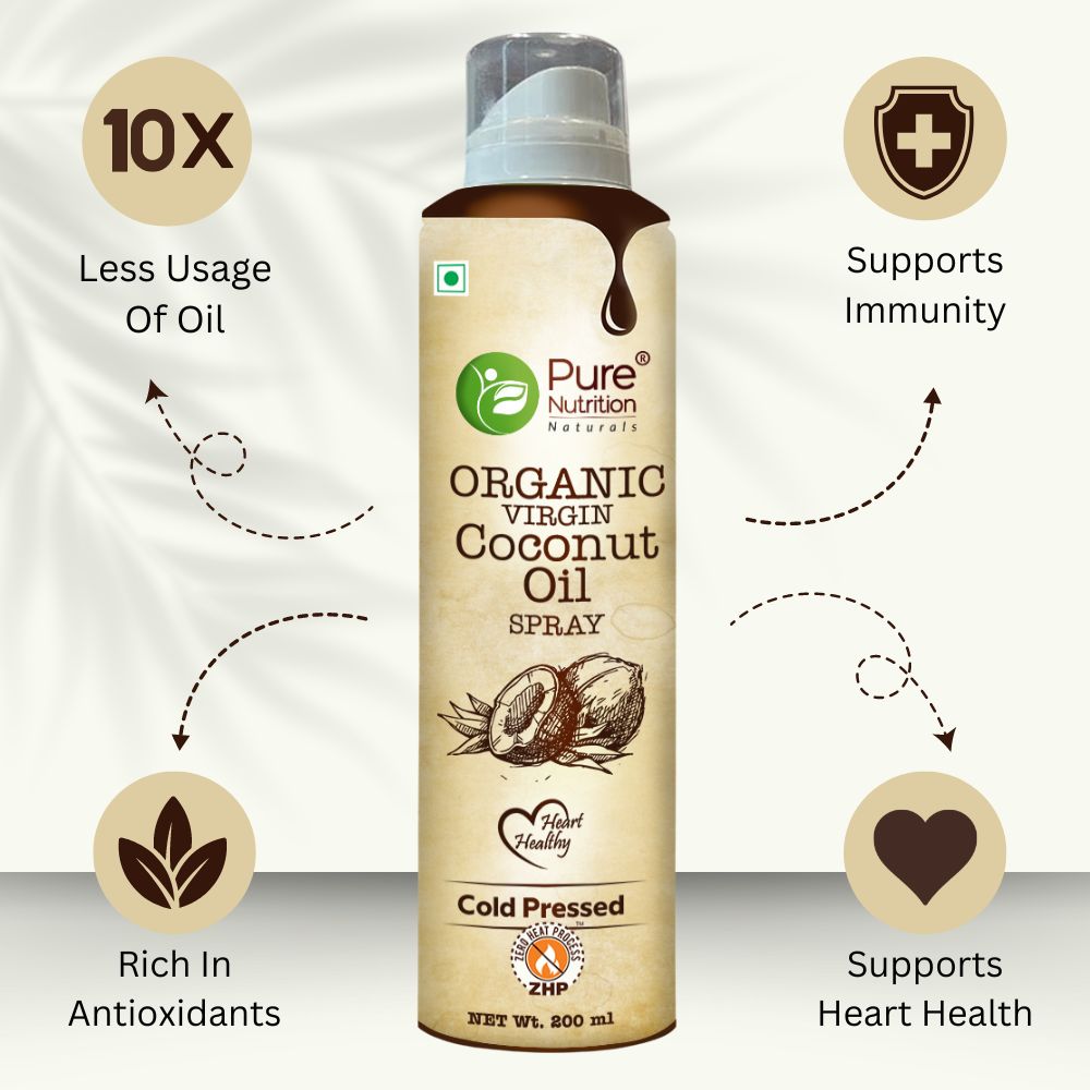 Pure Nutrition Coconut Oil Cooking Spray 200ml | 100% Organic, Extra Virgin, Cold Pressed & Natural | Low Calorie Cooking with 10X LESS Oil | Good for Skin, Hair, Baby Massage | Pre-Diaper Oil for Babies