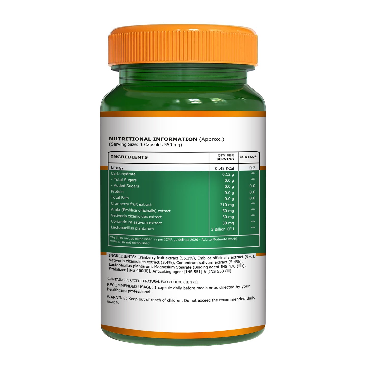 Back label of Pure Nutrition Cranberry & Amla Extract showing supplement facts, ingredients, dosage directions, warnings, and storage instructions.