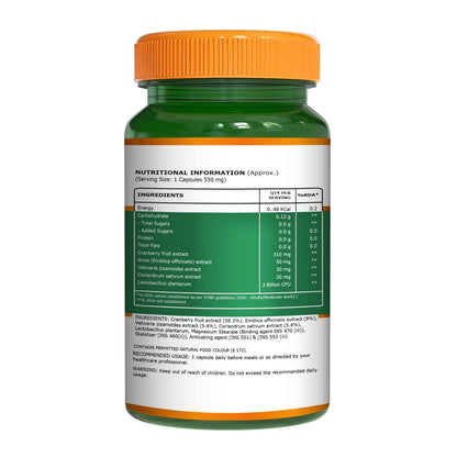 Back label of Pure Nutrition Cranberry & Amla Extract showing supplement facts, ingredients, dosage directions, warnings, and storage instructions.