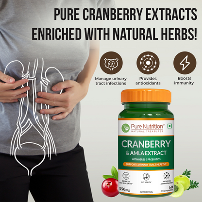 Cranberry and Amla Extract Capsules with Herbs & Probiotics – 60 Veg Capsules