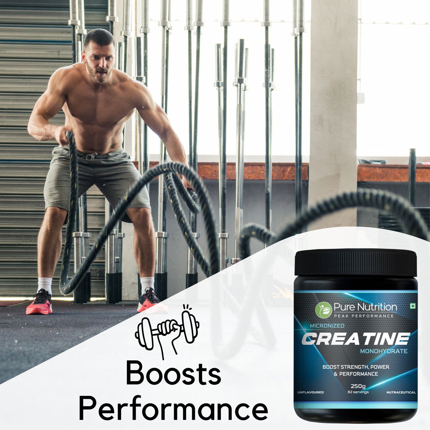 Muscular man using battle ropes in a gym, demonstrating how Pure Nutrition Creatine boosts athletic performance and power.