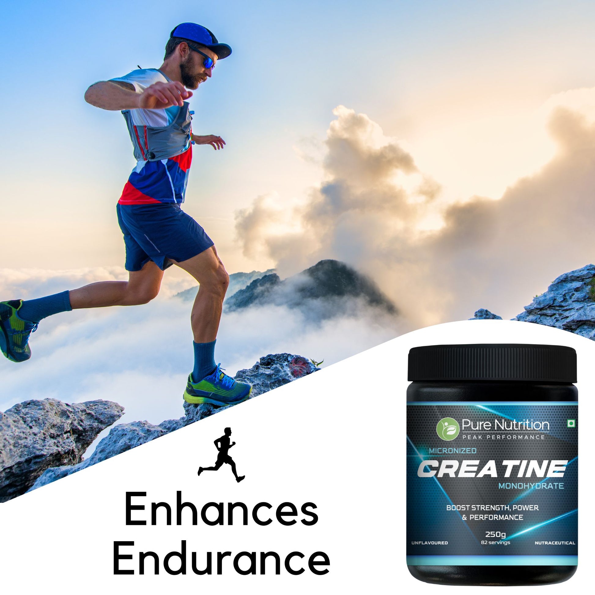 Man trail running on a mountain, showing how Pure Nutrition Creatine enhances endurance for high-intensity activities.