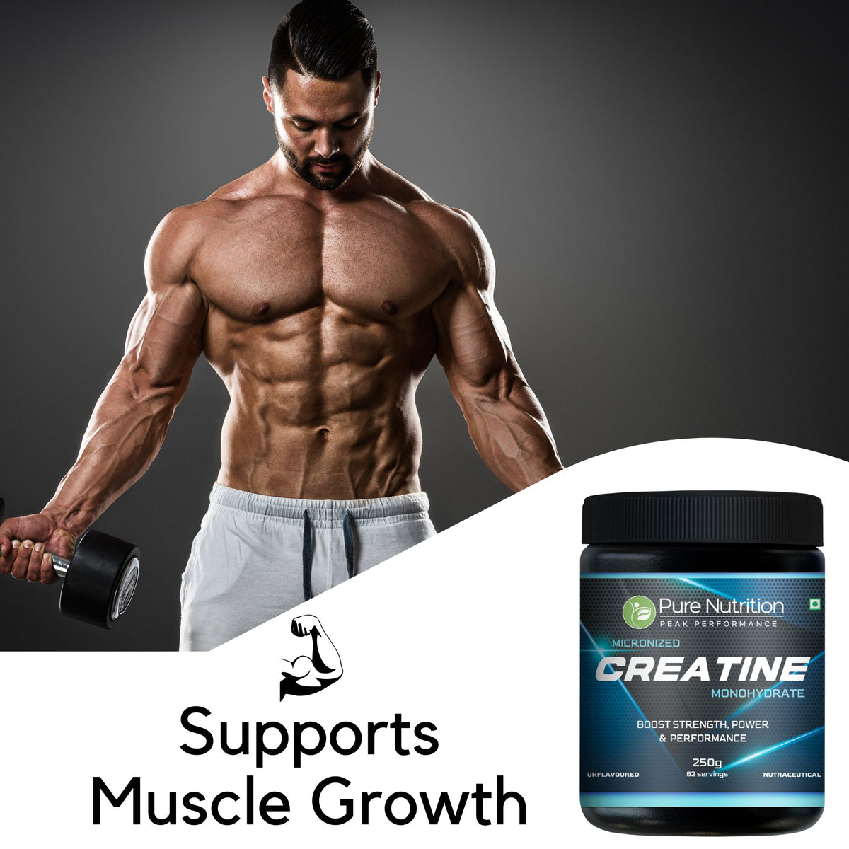Very muscular man lifting a dumbbell, illustrating how Pure Nutrition Creatine Monohydrate supports intense muscle growth.