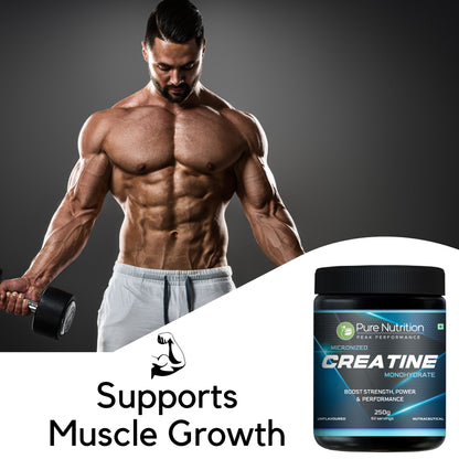 Very muscular man lifting a dumbbell, illustrating how Pure Nutrition Creatine Monohydrate supports intense muscle growth.