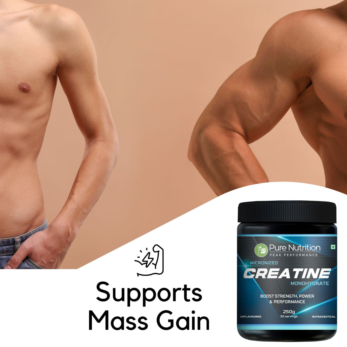 Before and after showing a skinny arm versus a muscular arm, highlighting how creatine supports muscle mass gain.