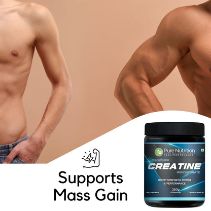 Before and after showing a skinny arm versus a muscular arm, highlighting how creatine supports muscle mass gain.