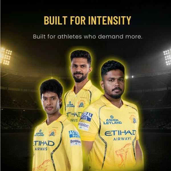 Three Chennai Super Kings cricket players in yellow jerseys
