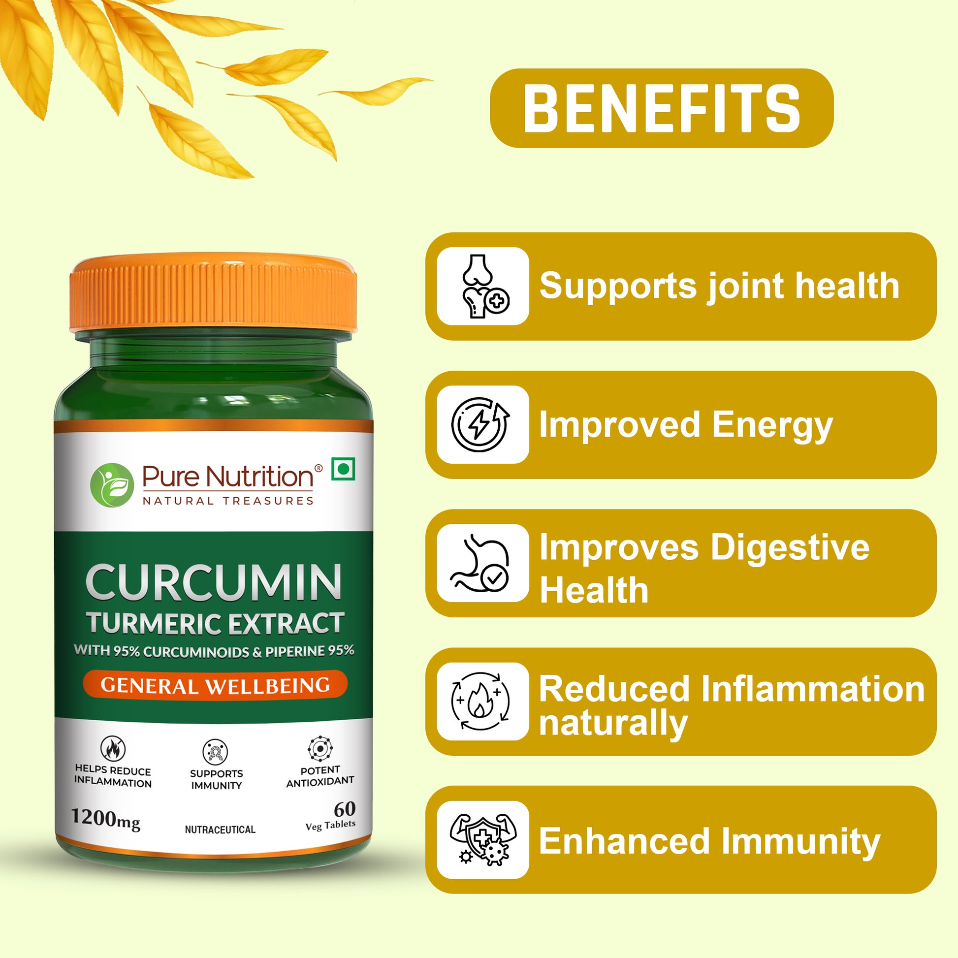 Curcumin turmeric extract supporting joint health, digestion, immunity, energy, and natural inflammation management.