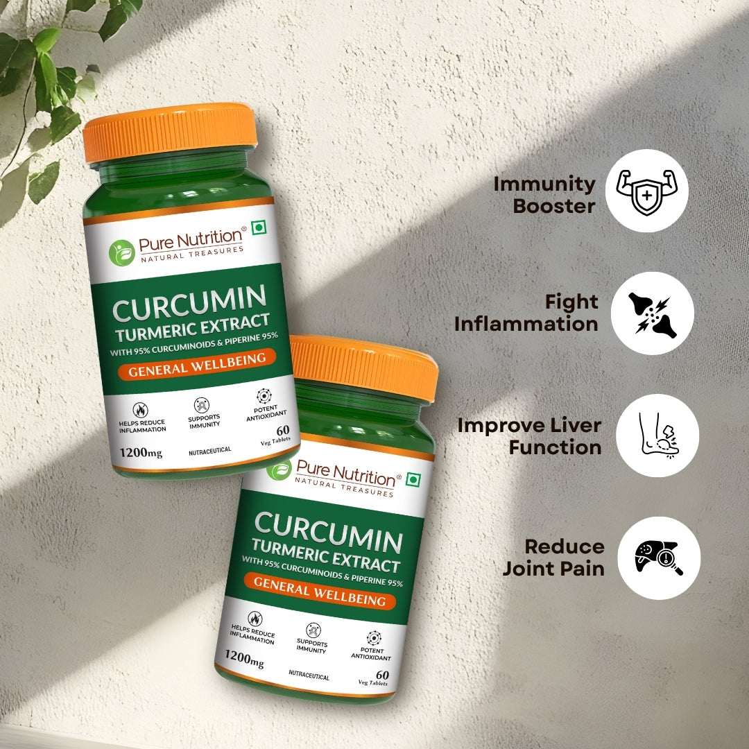Curcumin turmeric extract highlighting benefits for immunity, inflammation support, liver health, and joint comfort.