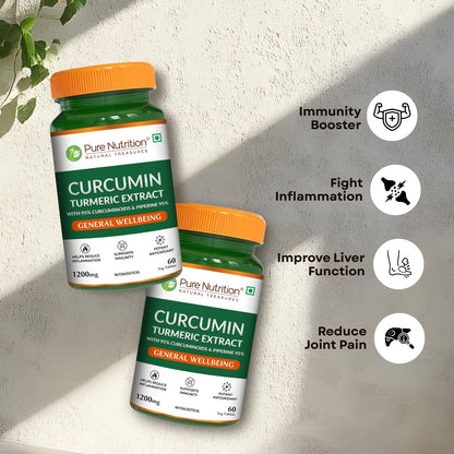 Curcumin turmeric extract highlighting benefits for immunity, inflammation support, liver health, and joint comfort.