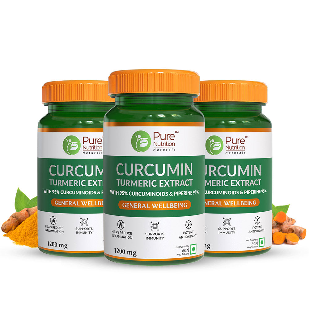 Pack of three Pure Nutrition Curcumin Turmeric Extract supplement bottles formulated with curcuminoids and piperine for enhanced absorption.