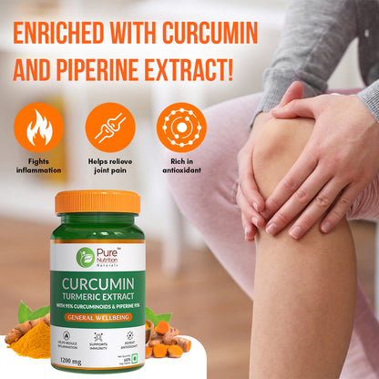 Product information panel of curcumin turmeric extract displaying nutrition details, certifications, and supplement facts.