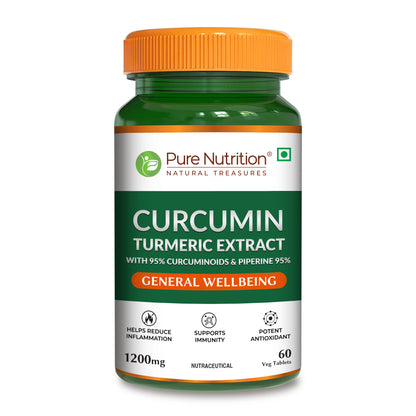 Bottle of curcumin turmeric extract tablets with 95% curcuminoids and piperine to support joint health, immunity, and overall wellness.