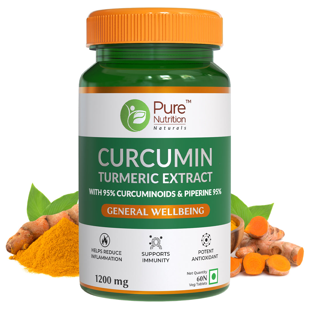 Curcumin turmeric extract supplement with turmeric roots and powder, formulated with 95% curcuminoids and piperine for enhanced absorption.