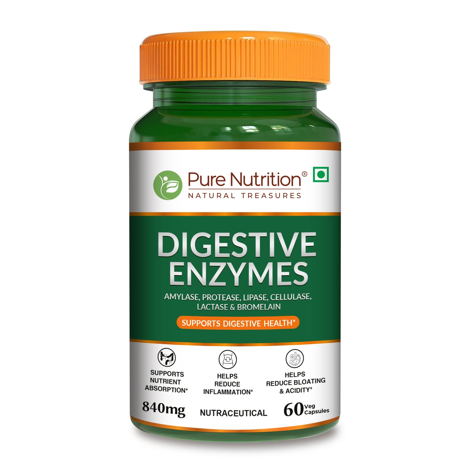 Front view of Pure Nutrition Digestive Enzymes capsules with amylase, protease, lipase, cellulase, lactase, and bromelain to support digestive health.
