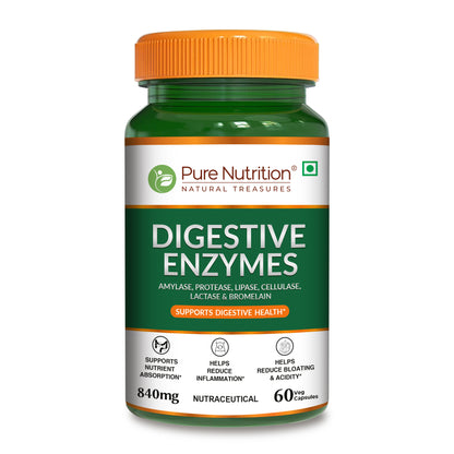 Front view of Pure Nutrition Digestive Enzymes capsules with amylase, protease, lipase, cellulase, lactase, and bromelain to support digestive health.
