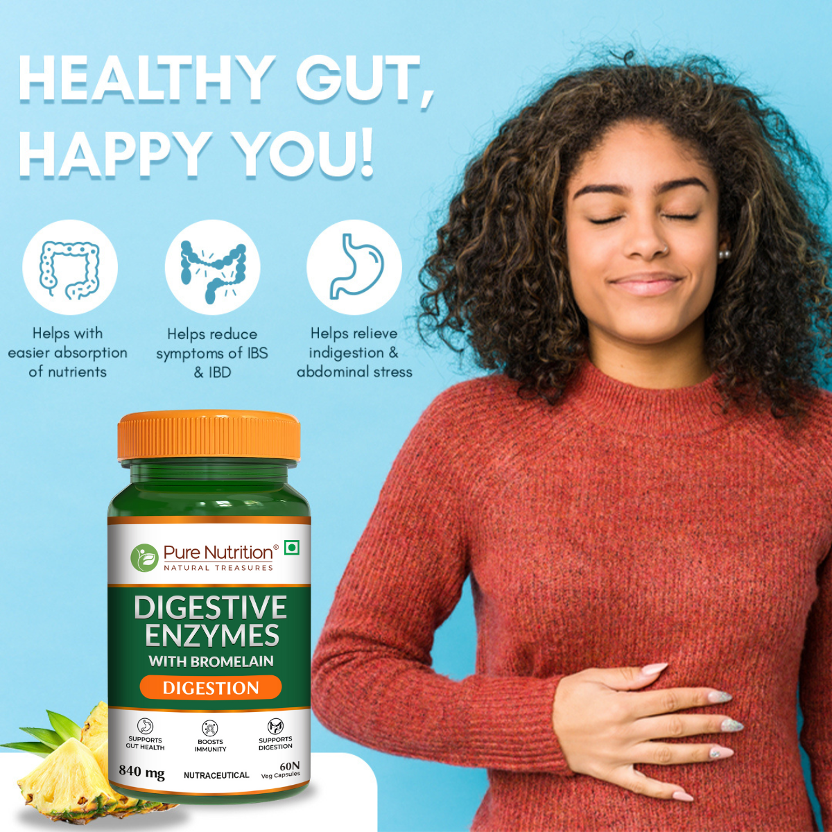 Infographic highlighting digestive enzyme benefits, including improved nutrient absorption, digestive comfort, and support for gut health.
