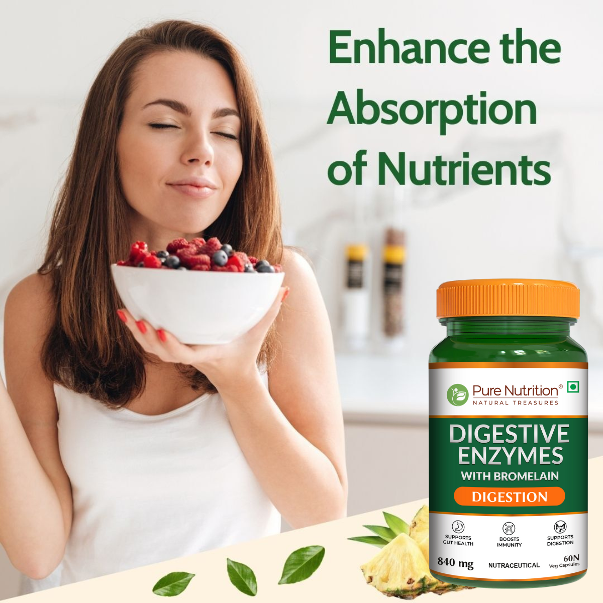 Lifestyle image emphasizing enhanced nutrient absorption with Pure Nutrition Digestive Enzymes.
