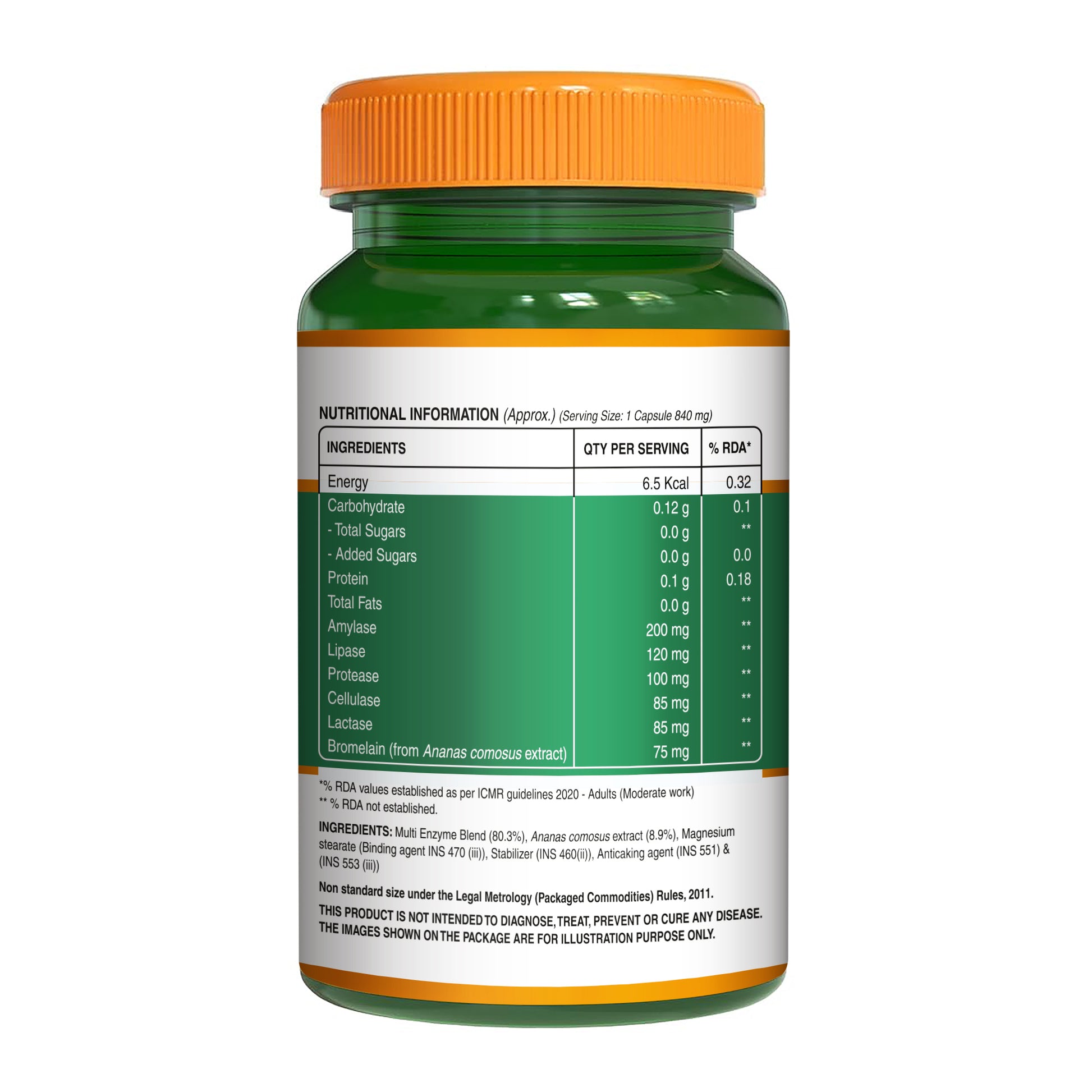 Back label showing supplement facts, nutritional information, ingredients, dosage, and storage instructions for Pure Nutrition Digestive Enzymes capsules.
