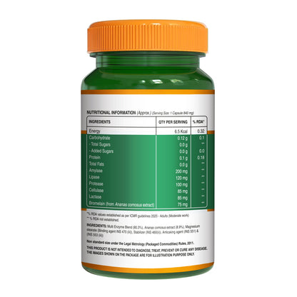 Back label showing supplement facts, nutritional information, ingredients, dosage, and storage instructions for Pure Nutrition Digestive Enzymes capsules.
