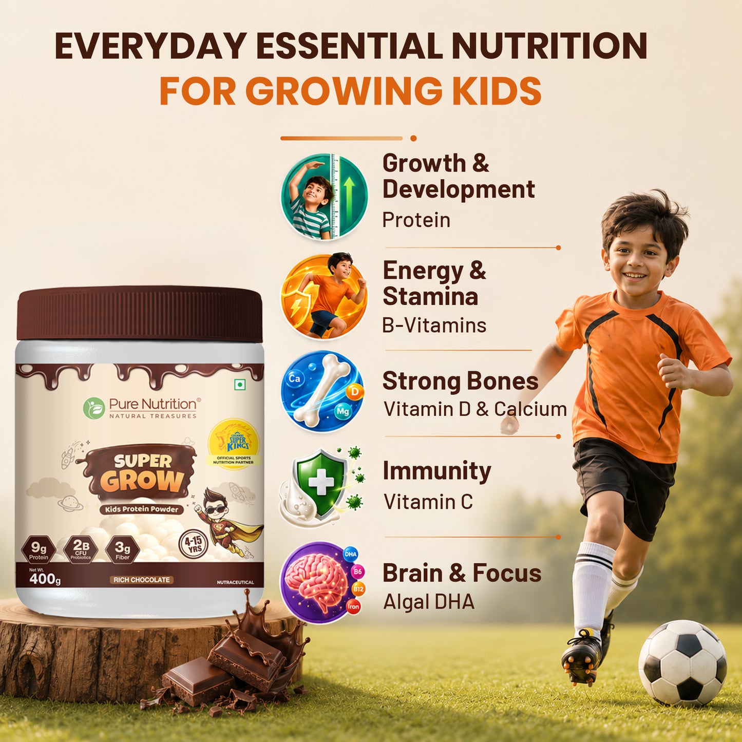Active child with Super Grow kids protein powder highlighting support for growth, strong bones, immunity, brain development, and energy.