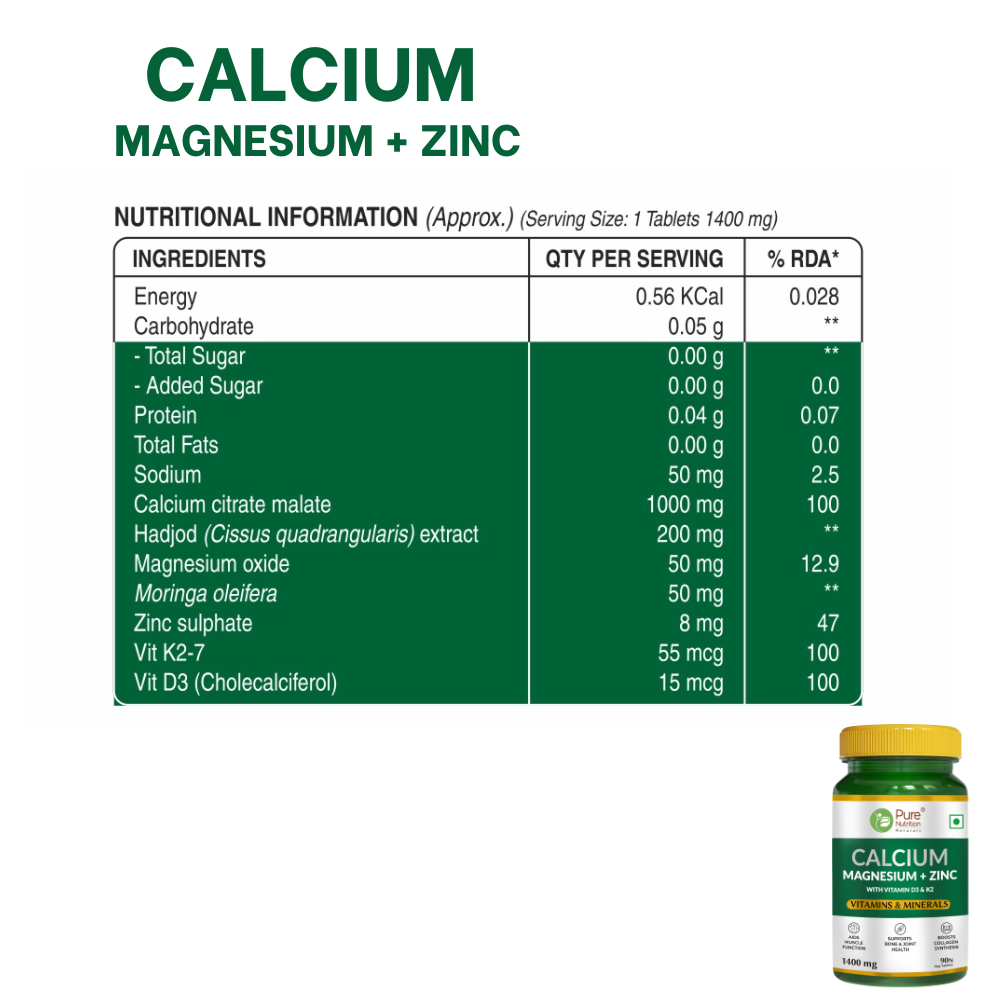 Calcium with Magnesium + Zinc | Supports Bone & Joint Health - 60 Veg Tabs