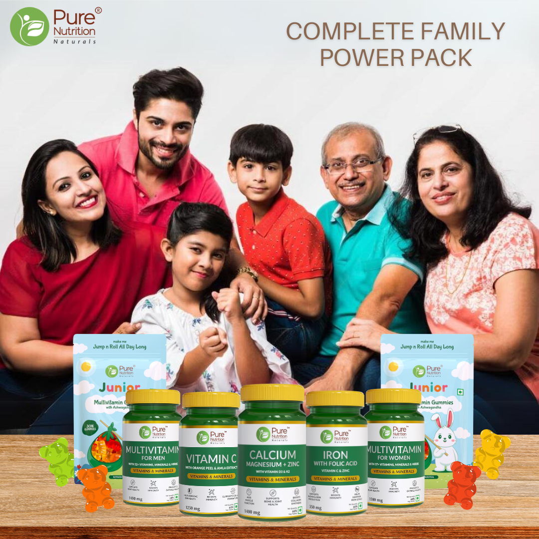 Complete Family Daily Wellness Combo: Multivitamins for Men & Women, Iron Folic Acid, Calcium Magnesium Zinc, Vitamin C, Kids Multivitamin Gummies - 60 Tablets/ 30x2 Gummies  for Optimal Health and Vitality