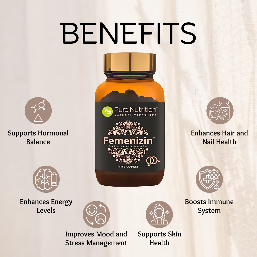 Femenizin herbal capsules supporting hormonal balance, energy, immune health, mood management, skin health, and hair and nail wellness.