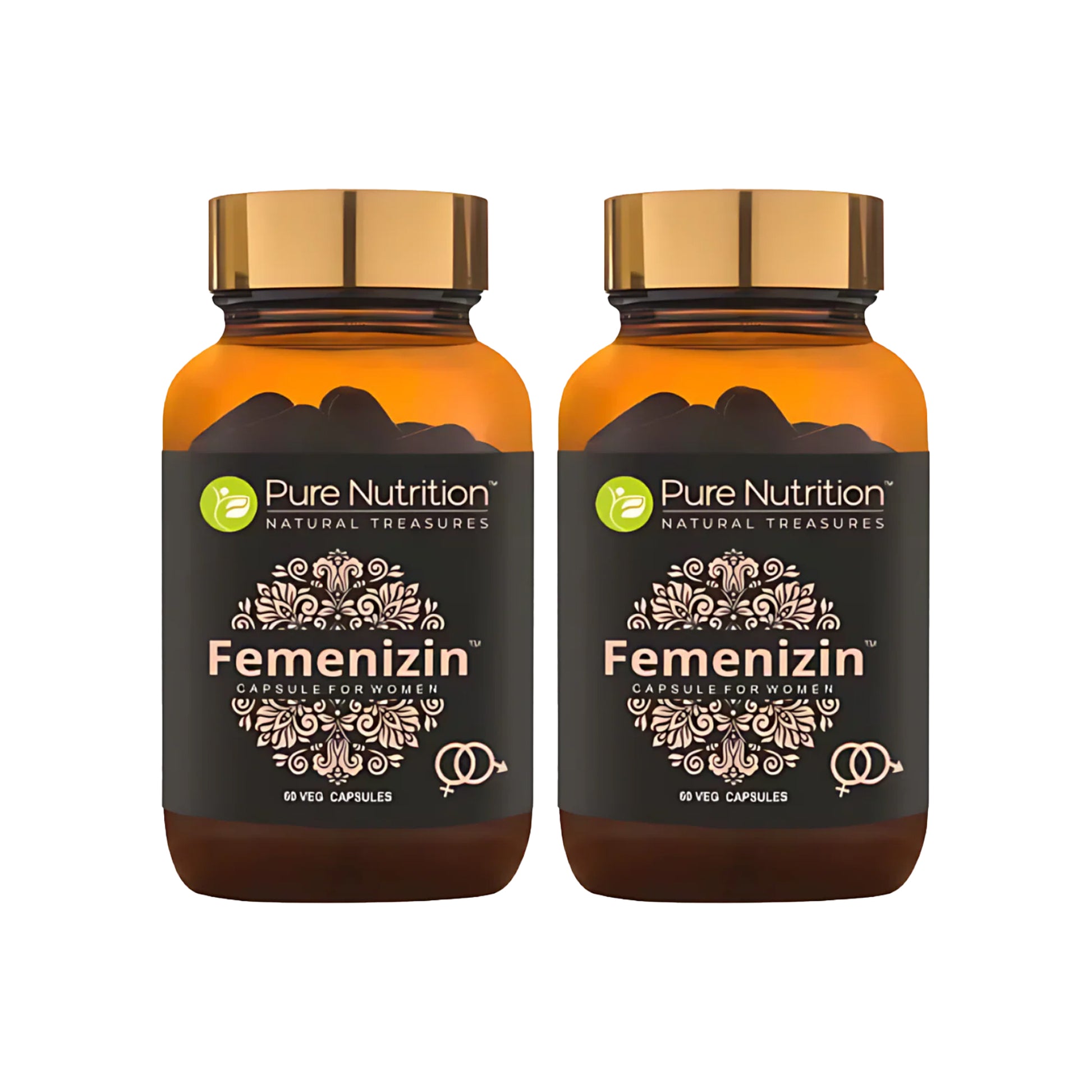 Pack of two Femenizin herbal capsule bottles for convenient daily women's health and wellness support.
