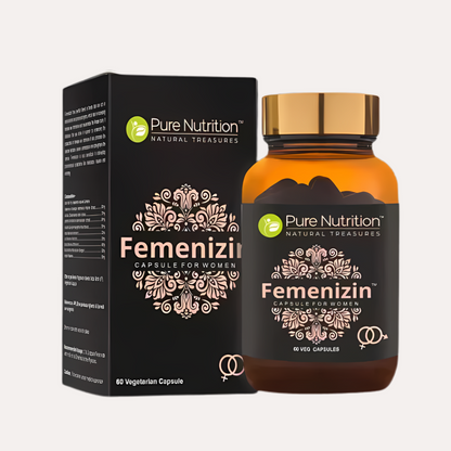 Femenizin herbal capsules for women with product box, formulated to support women's health, hormonal balance, and overall wellness.
