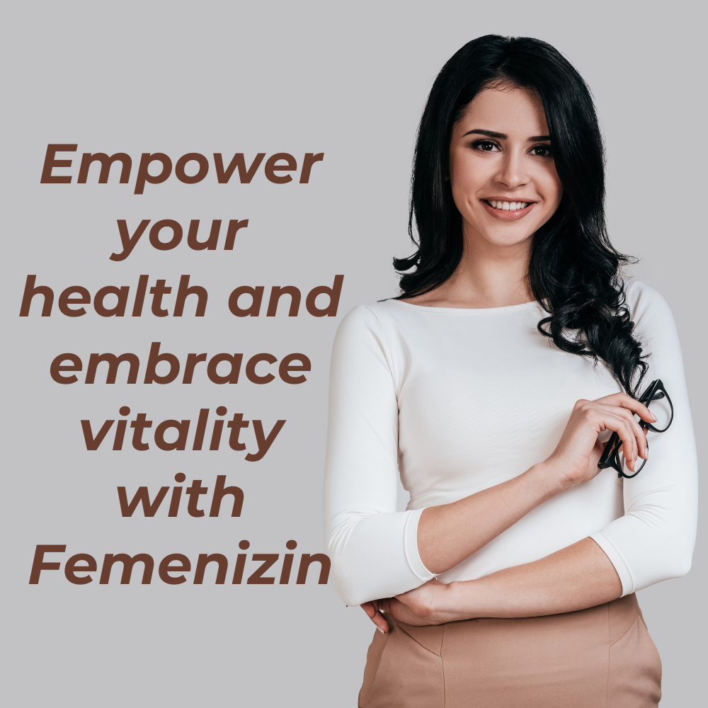 Smiling woman representing the wellness, vitality, and daily health benefits of Femenizin herbal capsules for women.