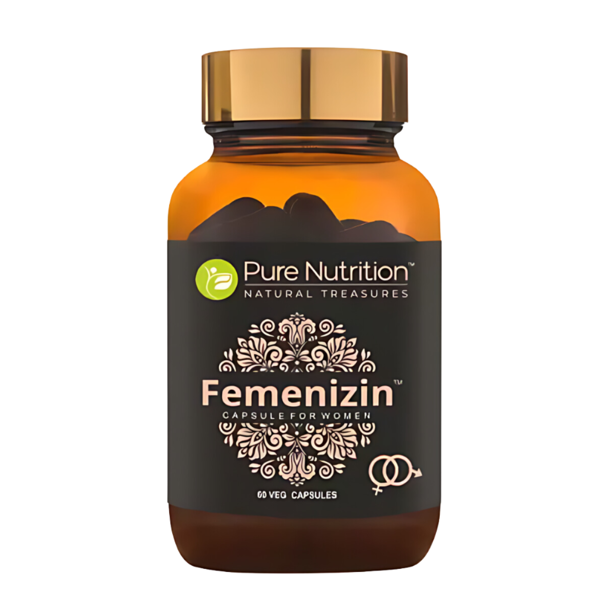 Bottle of Femenizin herbal capsules for women made with Ayurvedic ingredients to support women's daily health and vitality.