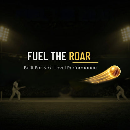 Fuel the Roar graphic with a glowing cricket ball over a stadium