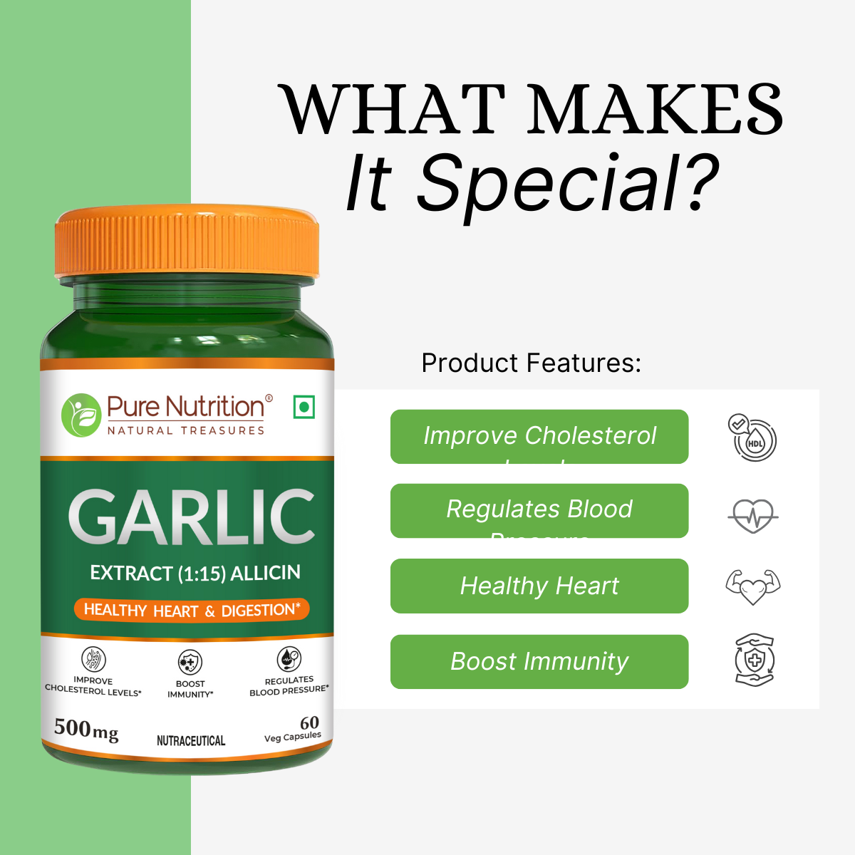 Garlic Extract – Supports Heart Health & Immunity – 500mg Allicin-Rich Formula – 60 Capsules